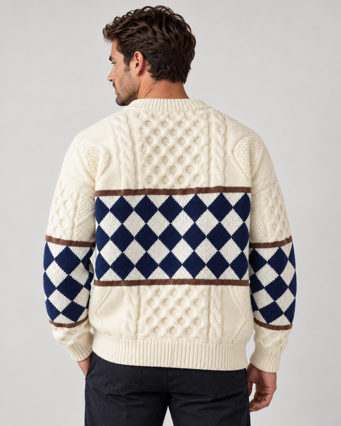 Men's Cotton Blend Sweater with Diamond Knit Pattern — Cream White back