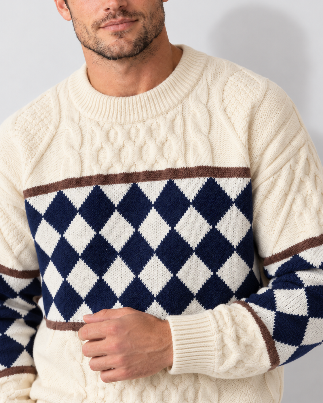 Men's Cotton Blend Sweater with Diamond Knit Pattern — Cream White neckline and sleeve detail