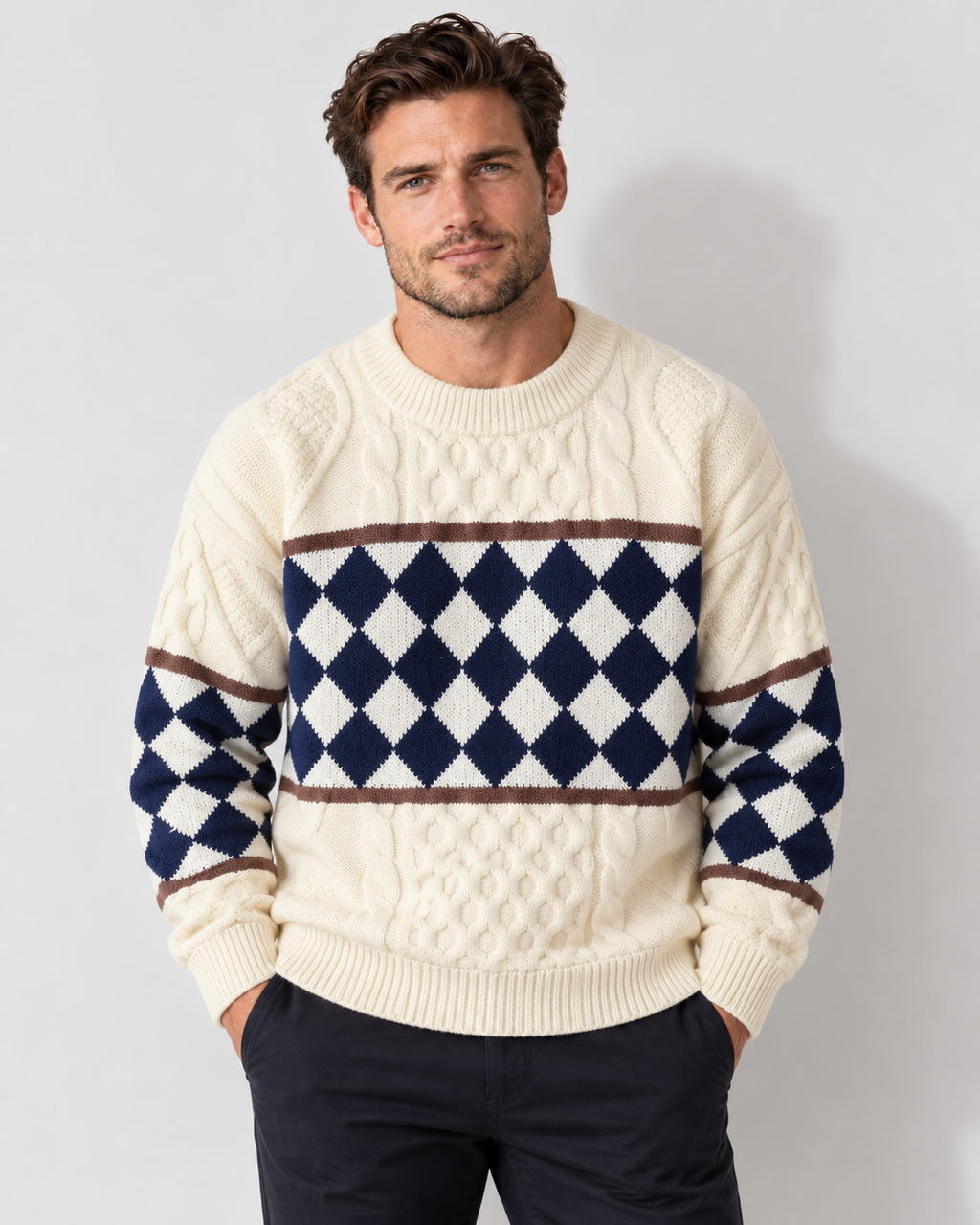 Men's Cotton Blend Sweater with Diamond Knit Pattern — Cream White front