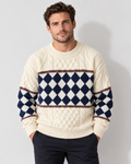 Men's Cotton Blend Sweater with Diamond Knit Pattern — Cream White front