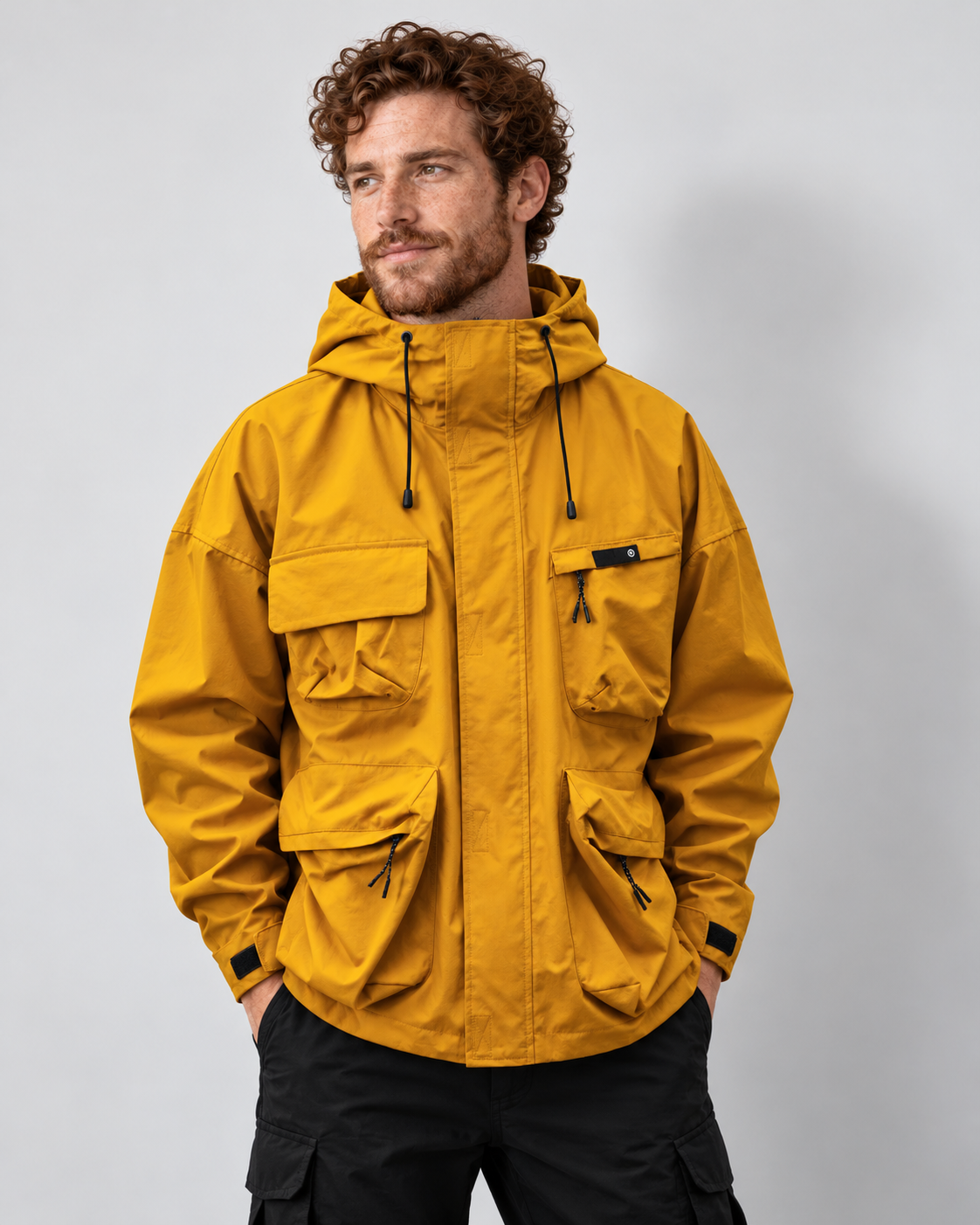 Men's hooded cargo jacket in Yellow on Avery & Mercer model