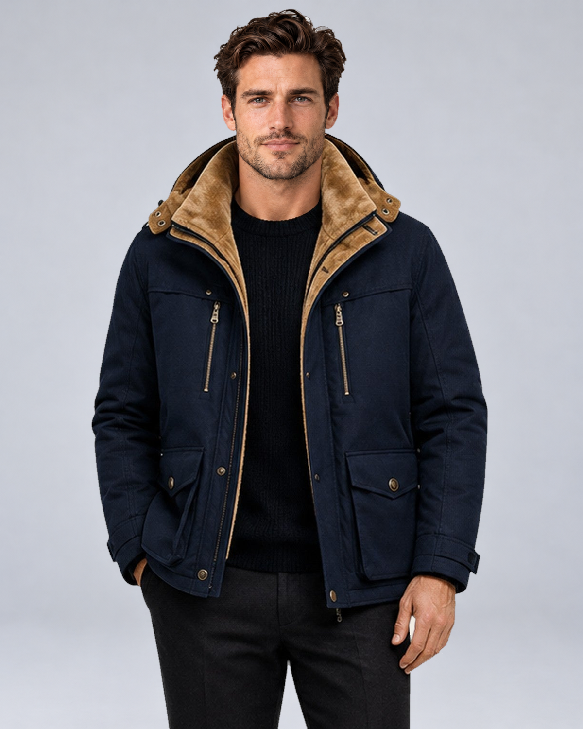 Men's Warm Hooded Multi-Pocket Winter Jacket in Navy