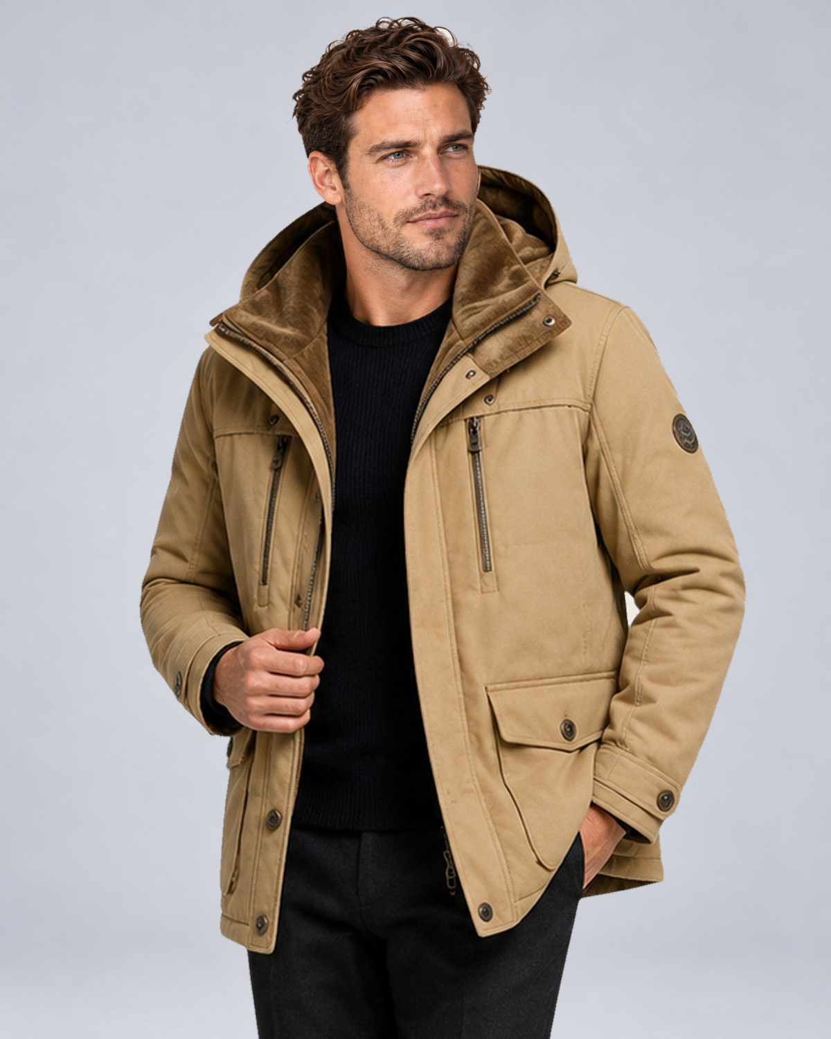Men's Warm Hooded Multi-Pocket Winter Jacket in Khaki