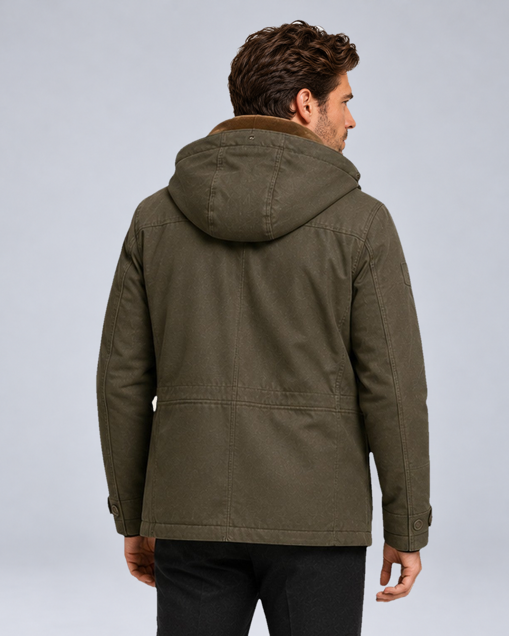 Men's Warm Hooded Multi-Pocket Winter Jacket in Green - rear view