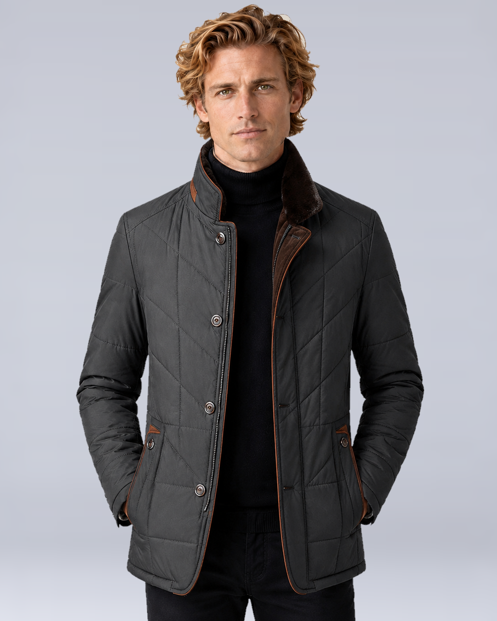Men's Quilted Stand-Collar Zip-Up Jacket in Black