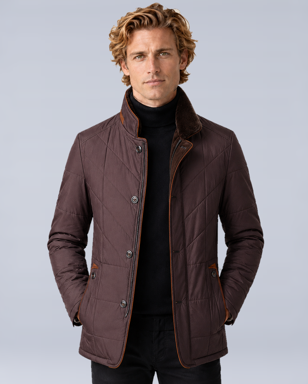 Men's Quilted Stand-Collar Zip-Up Jacket in Burgundy