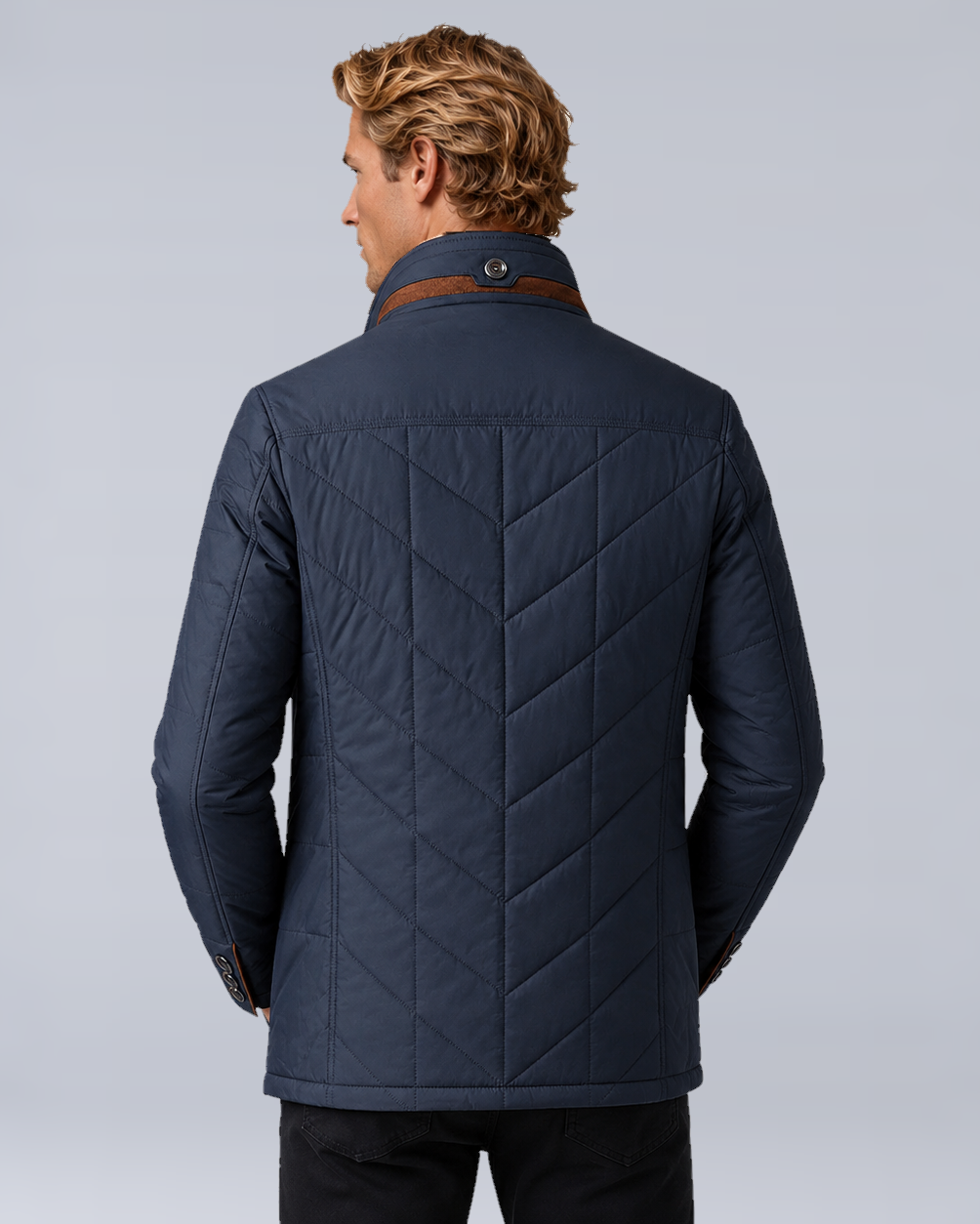 Men's Quilted Stand-Collar Zip-Up Jacket in Dark Blue - rear view