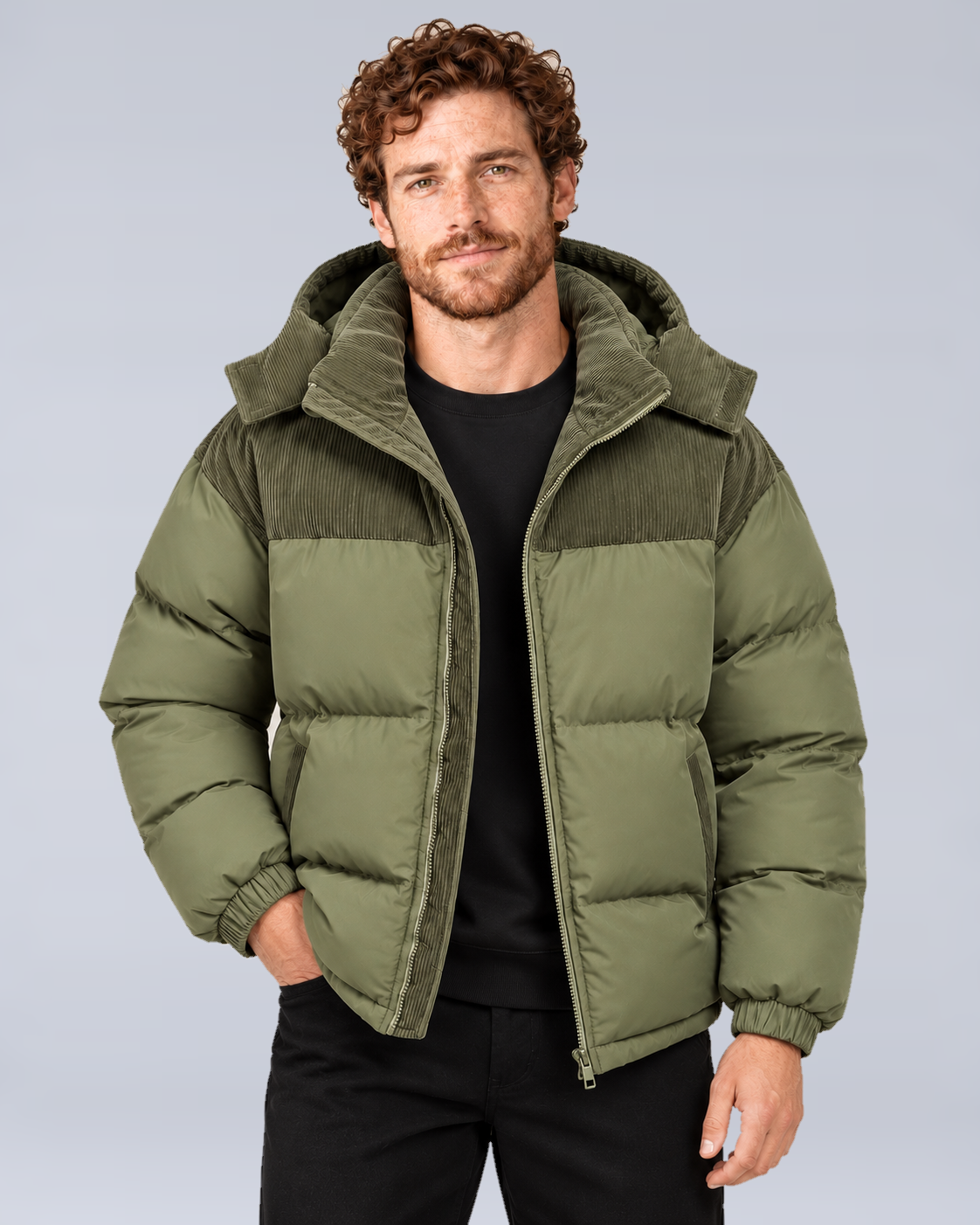 Men's Oversized Hooded Puffer Jacket in Dark Green