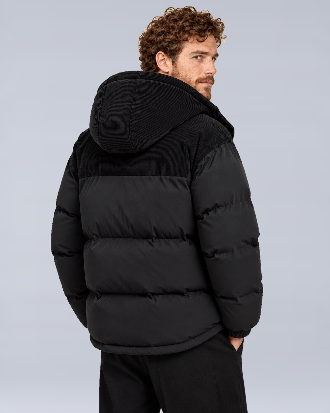 Men's Oversized Hooded Puffer Jacket in Black - rear view