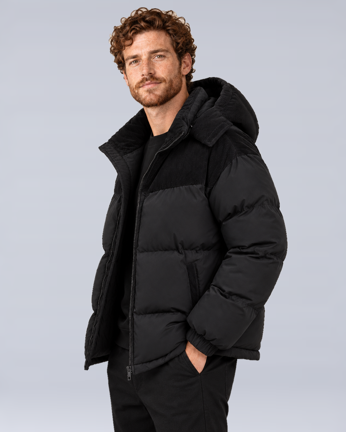 Men's Oversized Hooded Puffer Jacket in Black - three-quarter view