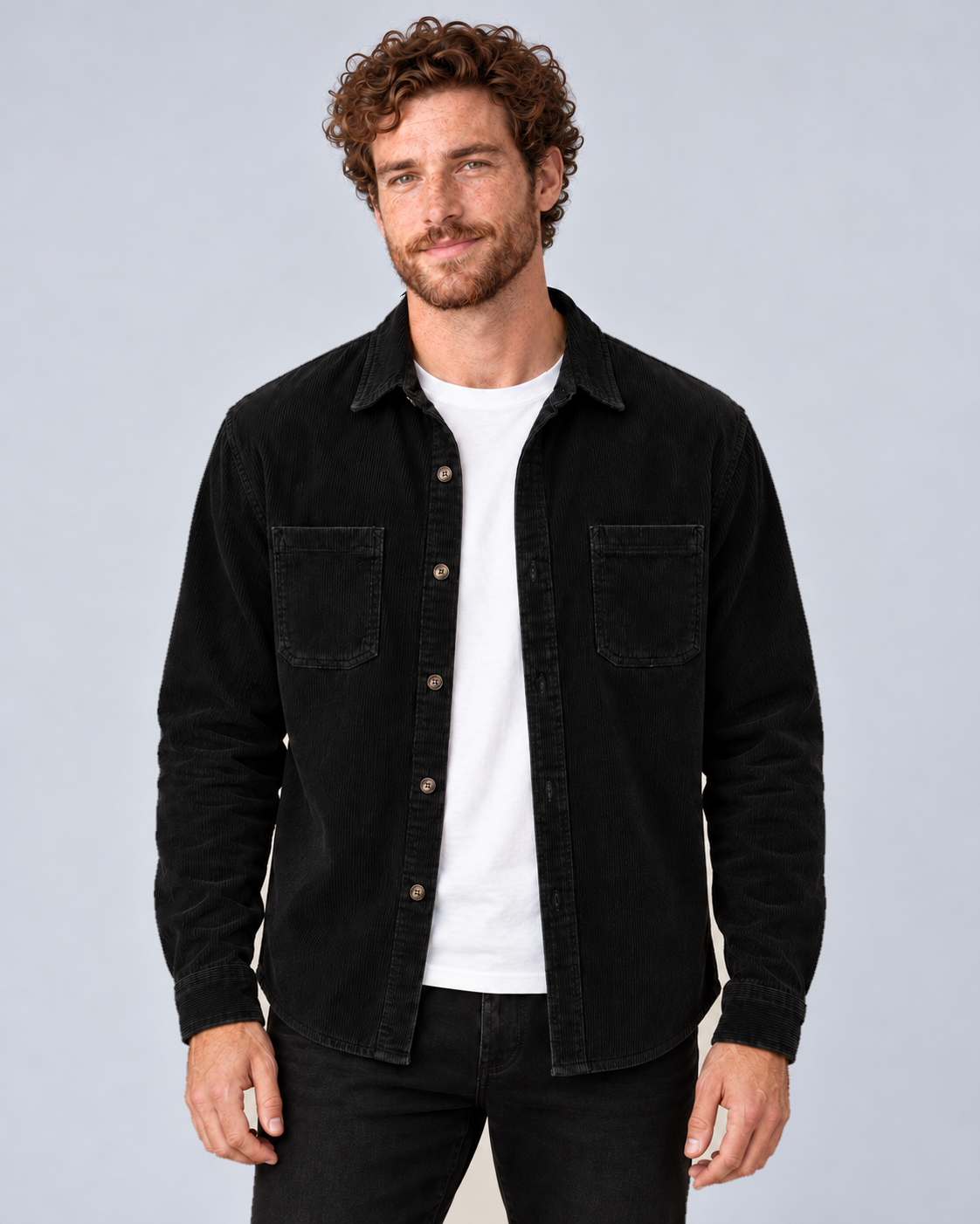 Men's Corduroy Overshirt Shacket with Lapel Collar in Black