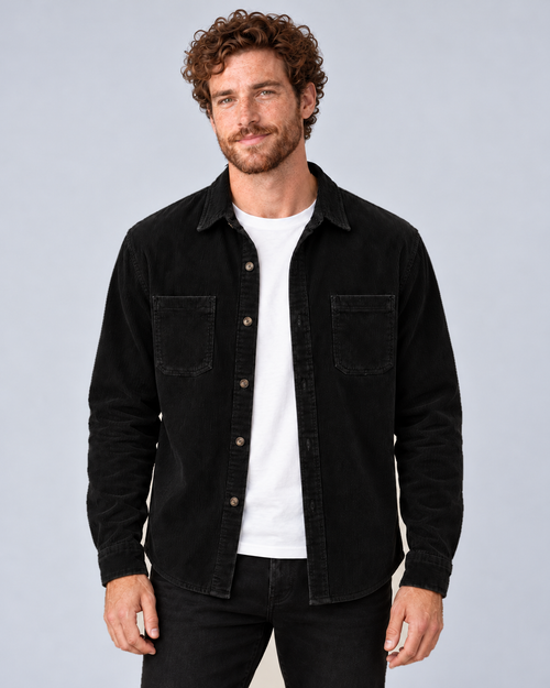 Men's Corduroy Overshirt Shacket with Lapel Collar in Black