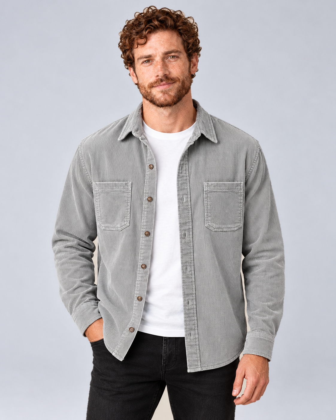 Men's Corduroy Overshirt Shacket with Lapel Collar in Grey