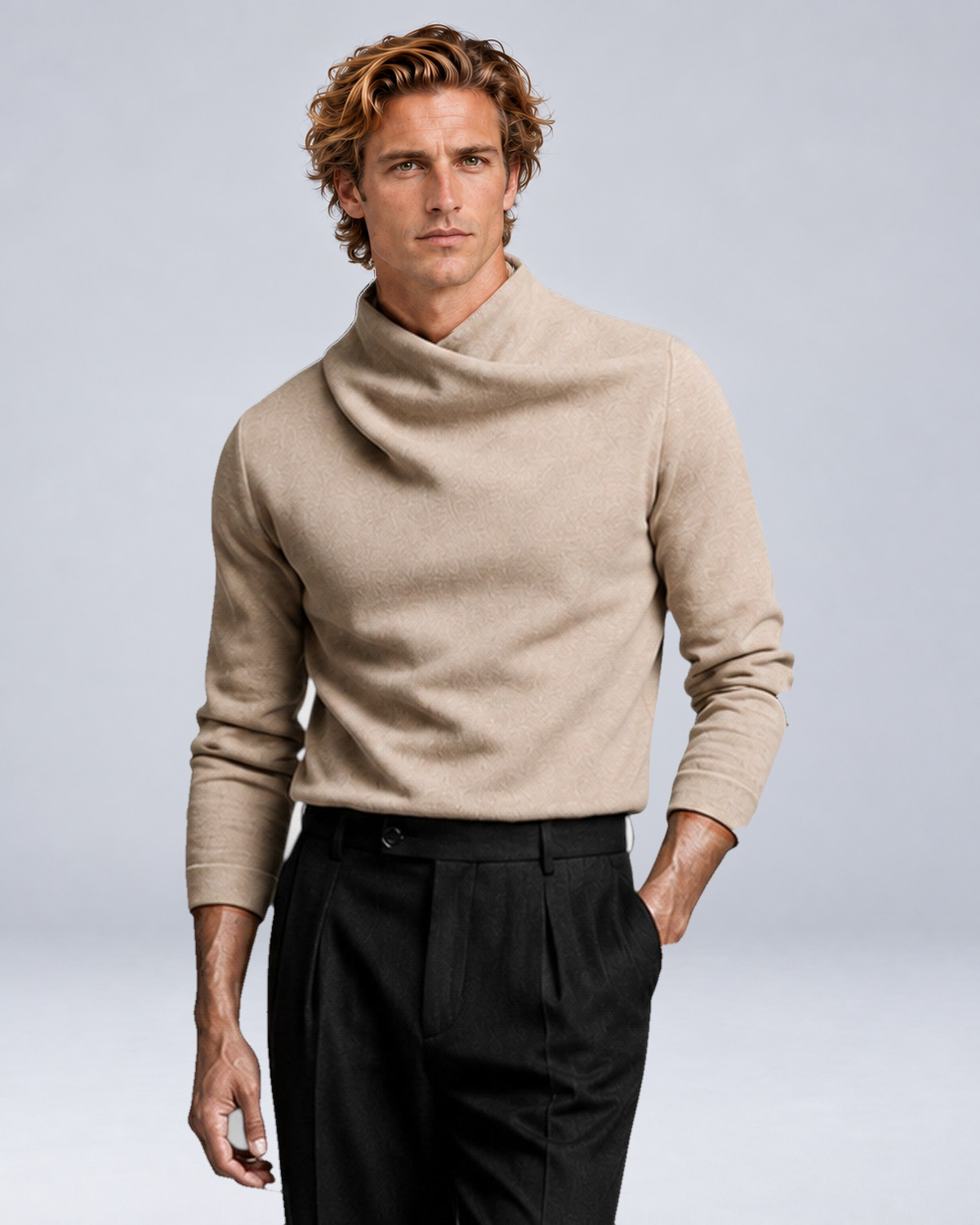 Men's Long-Sleeve Crossover Mock-Neck Knit Top in Beige