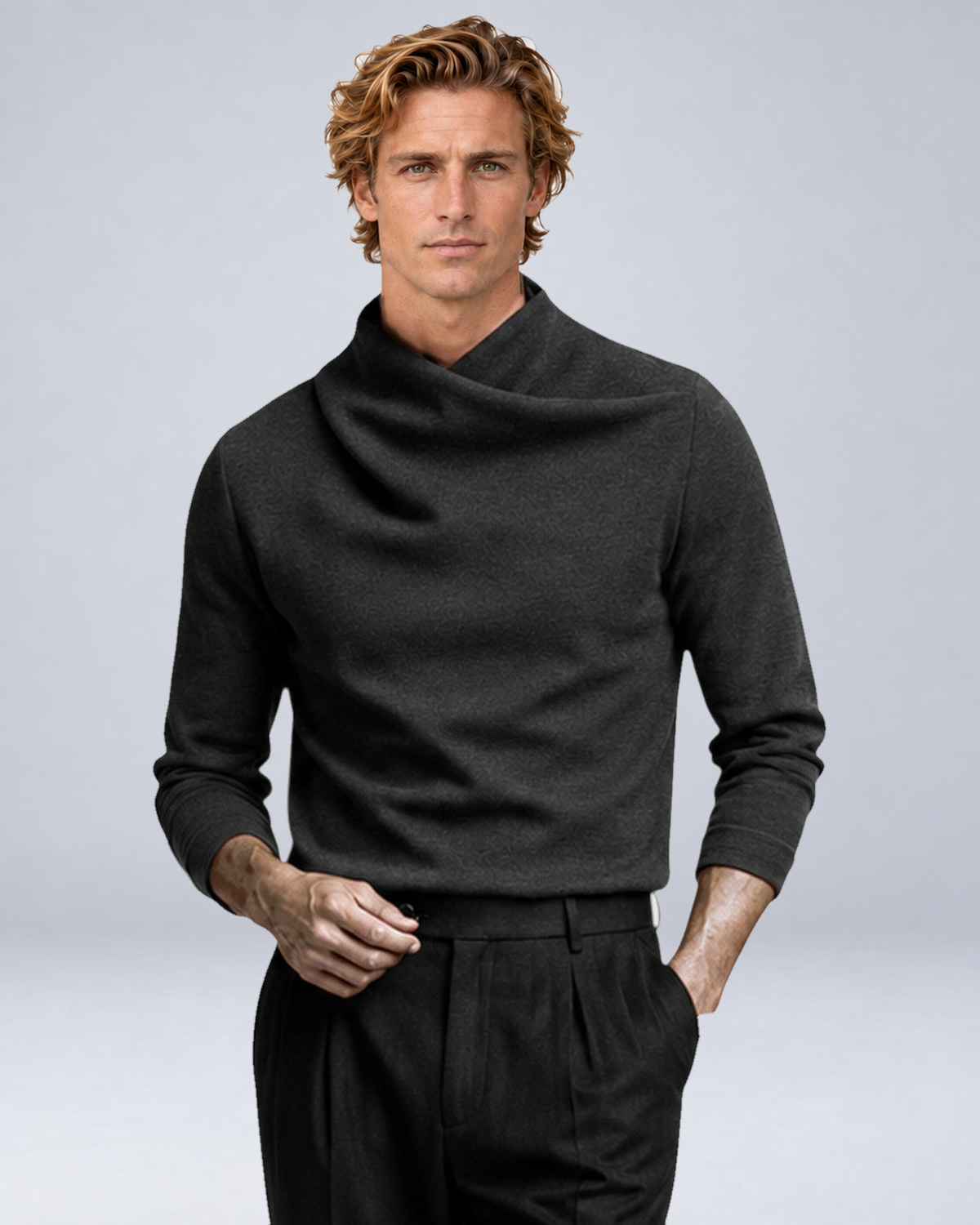 Men's Long-Sleeve Crossover Mock-Neck Knit Top in Dark Grey