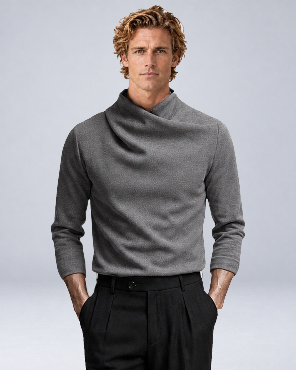 Men's Long-Sleeve Crossover Mock-Neck Knit Top in Light Grey