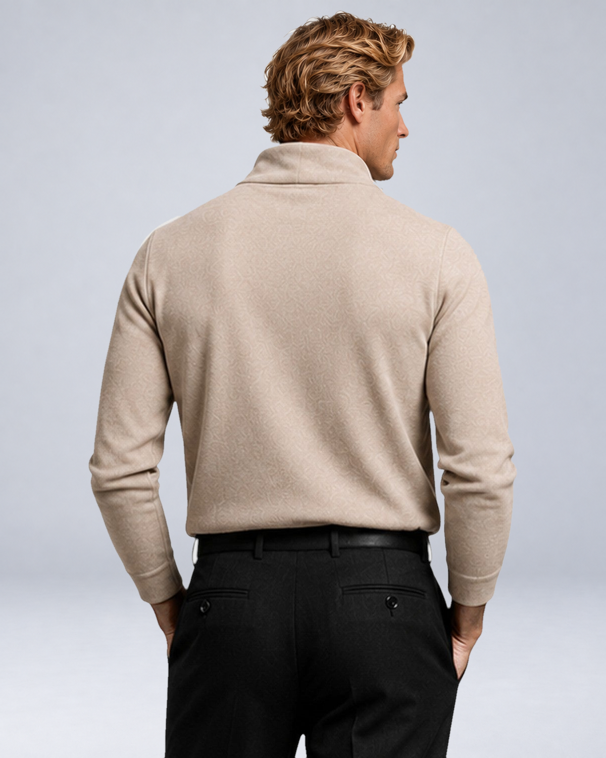 Men's Long-Sleeve Crossover Mock-Neck Knit Top in Beige - rear