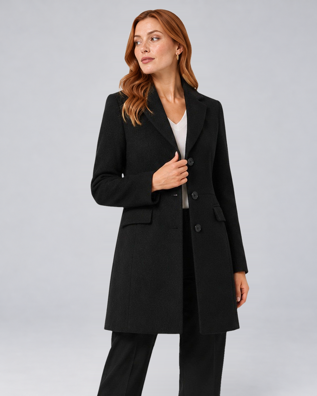 Women's Wool-Blend Tailored Winter Coat with Notch Lapels in Black