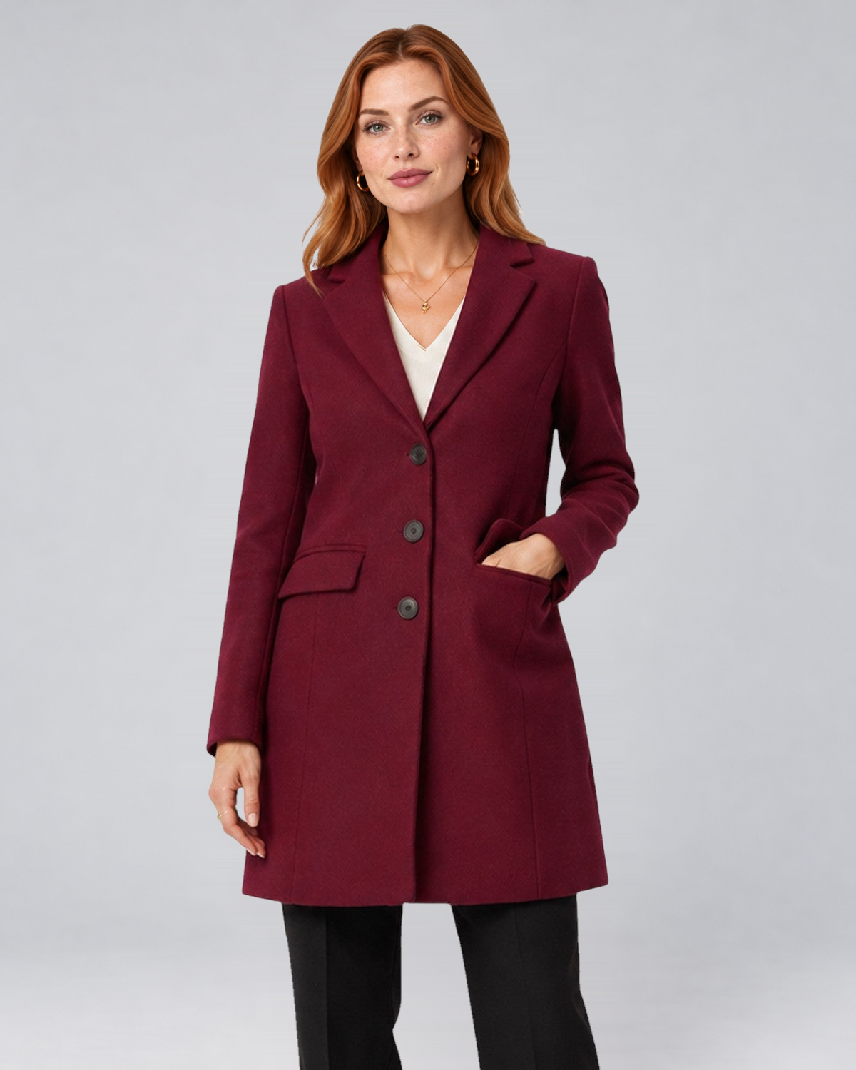 Women's Wool-Blend Tailored Winter Coat with Notch Lapels in Burgundy