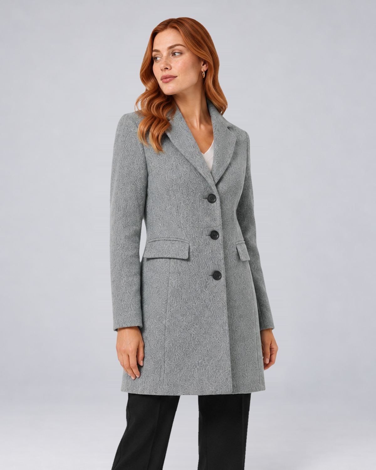 Women's Wool-Blend Tailored Winter Coat with Notch Lapels in Light Grey