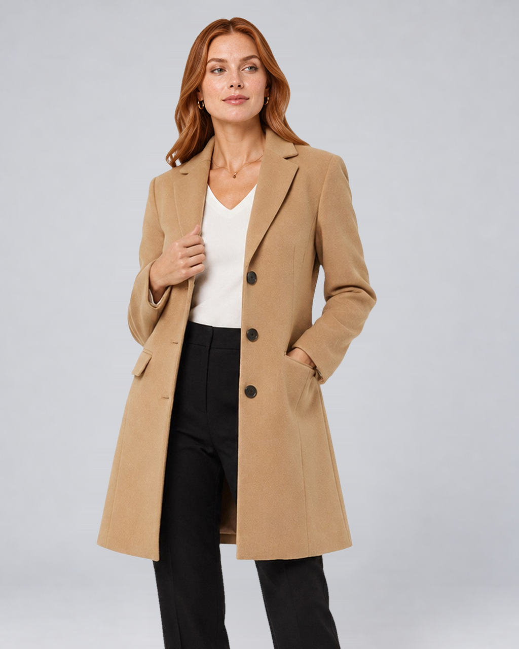 Women's Wool-Blend Tailored Winter Coat with Notch Lapels in Khaki - open front