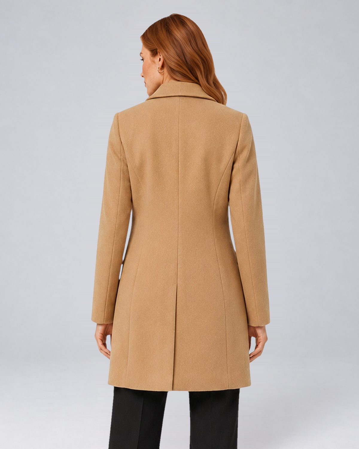 Women's Wool-Blend Tailored Winter Coat with Notch Lapels in Khaki - rear view