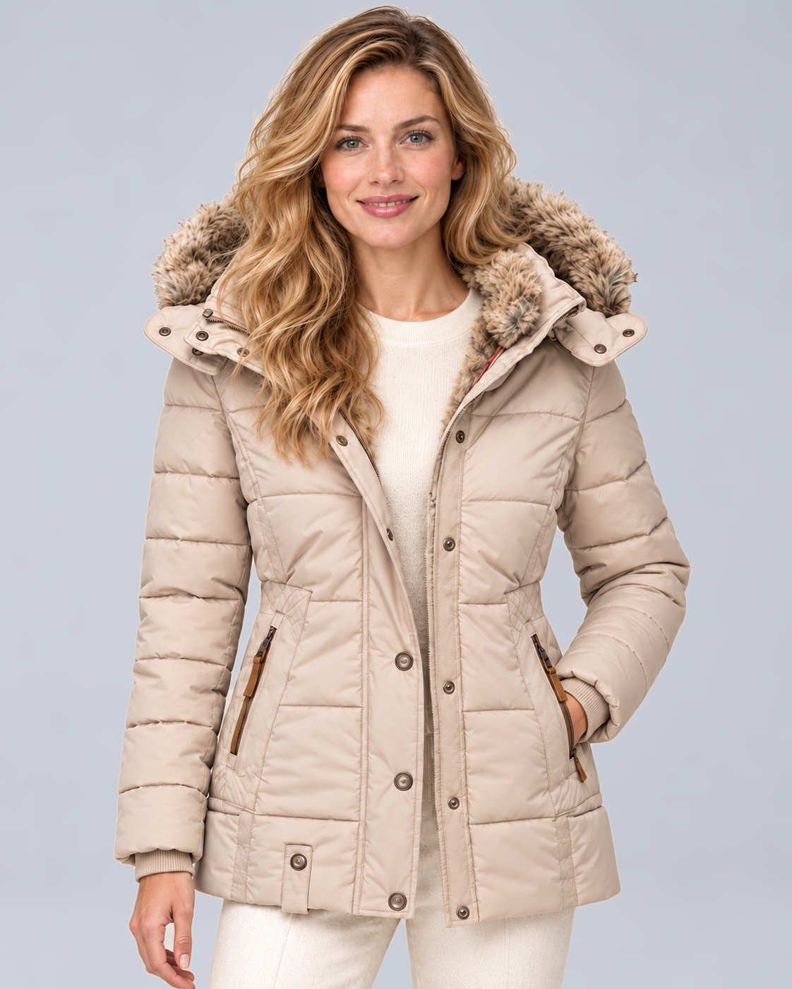 Women's Quilted Puffer Jacket with Faux Fur Hood in Beige