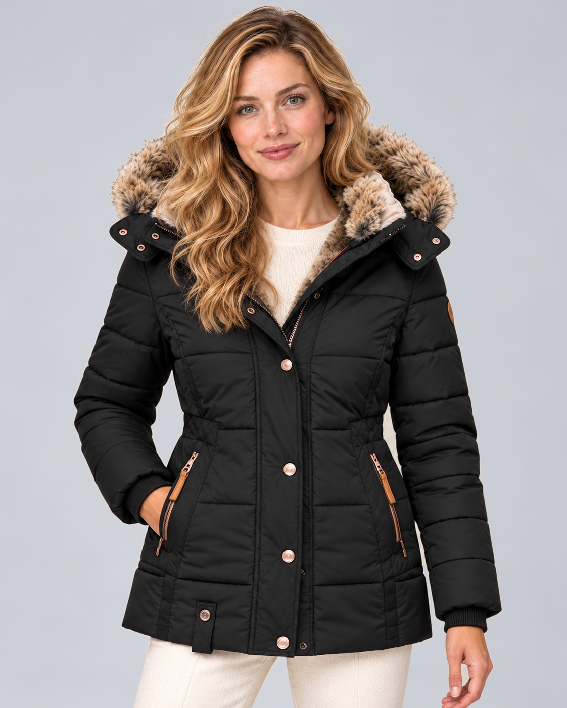 Women's Quilted Puffer Jacket with Faux Fur Hood in Black