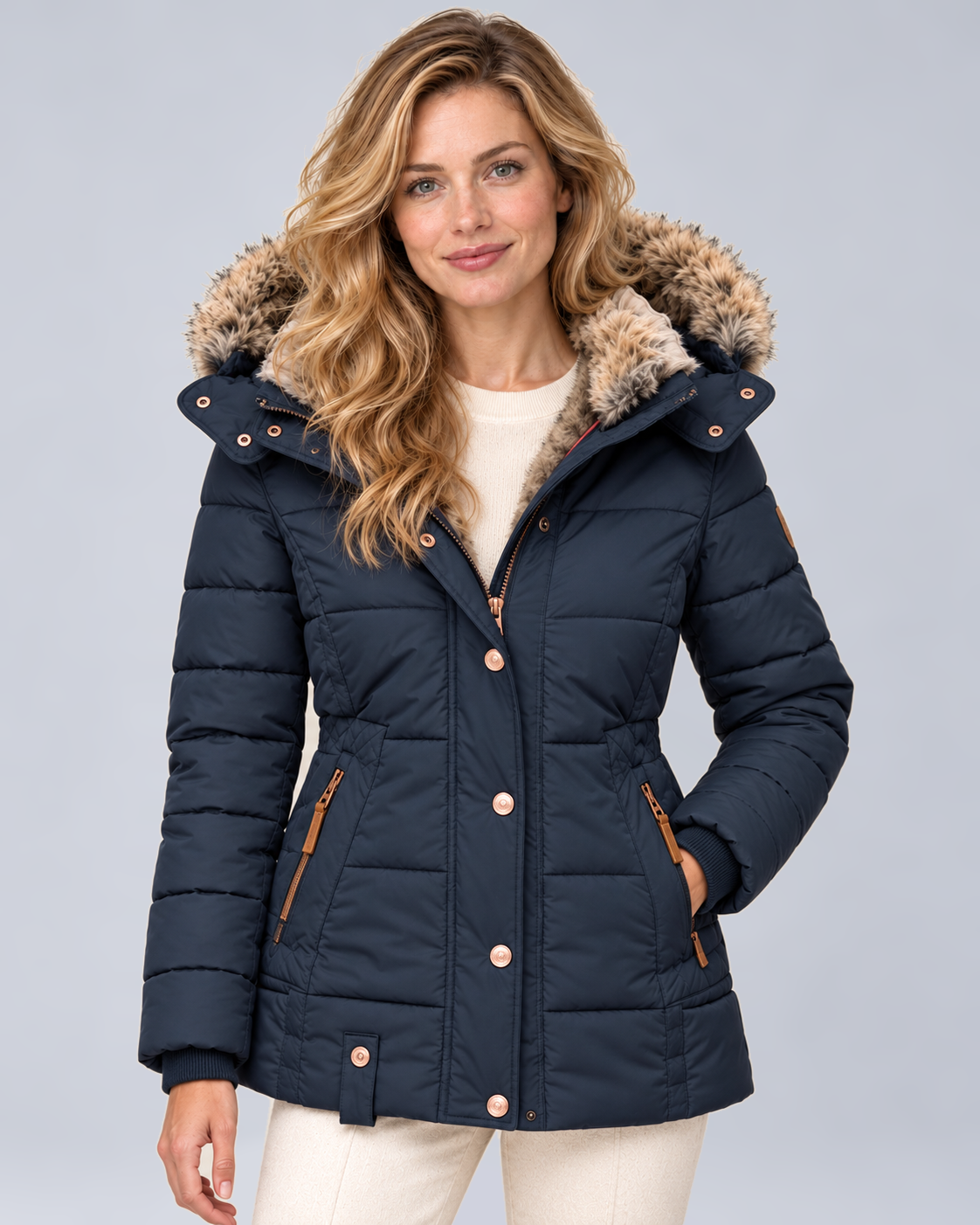 Women's Quilted Puffer Jacket with Faux Fur Hood in Dark Blue