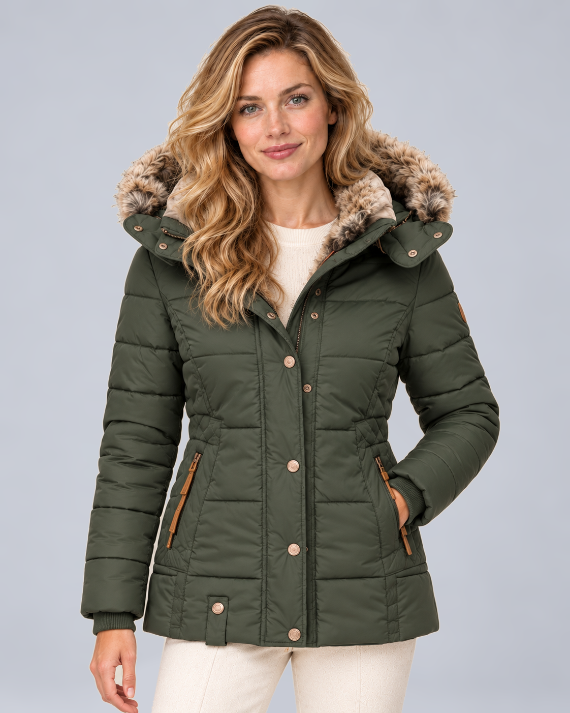 Women's Quilted Puffer Jacket with Faux Fur Hood in Green