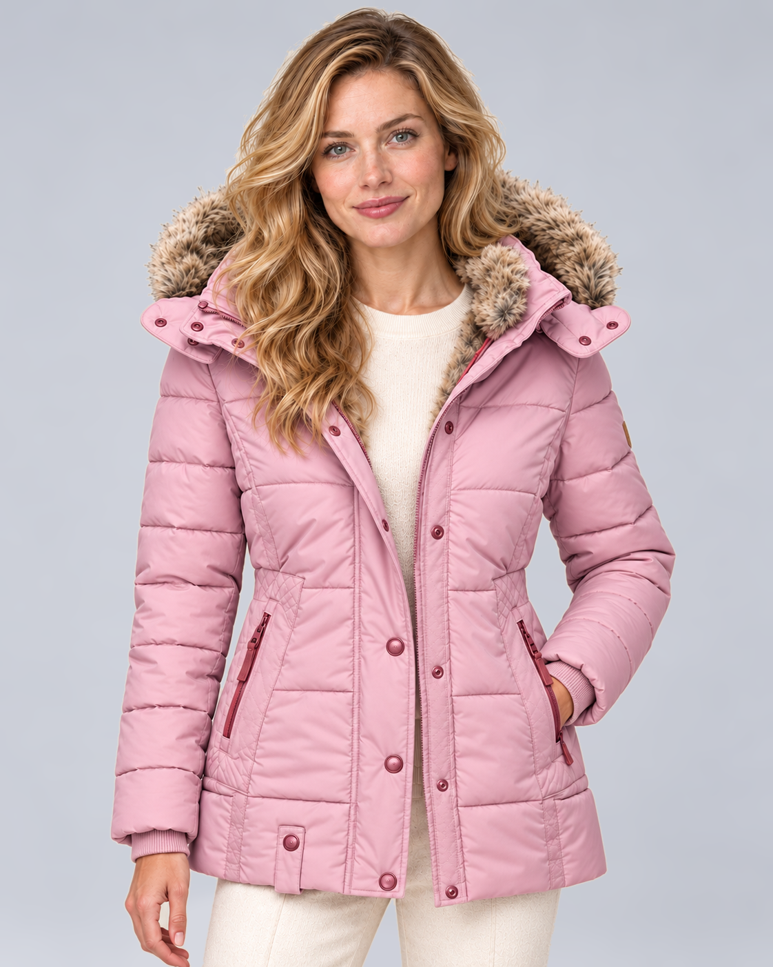 Women's Quilted Puffer Jacket with Faux Fur Hood in Pink