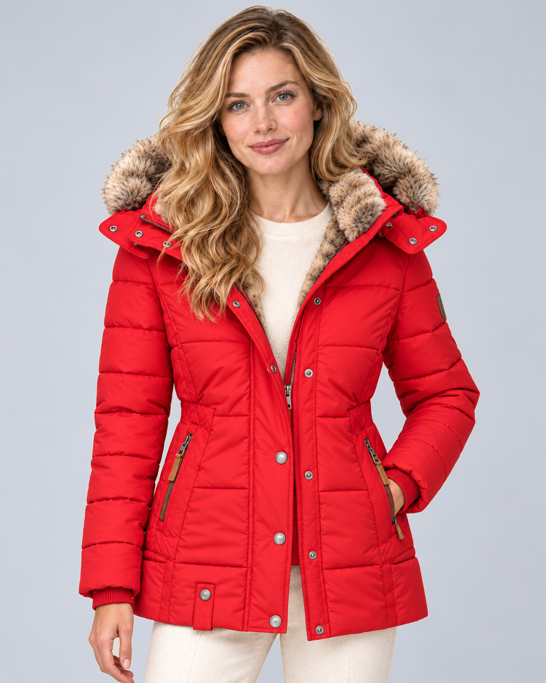 Women's Quilted Puffer Jacket with Faux Fur Hood in Red