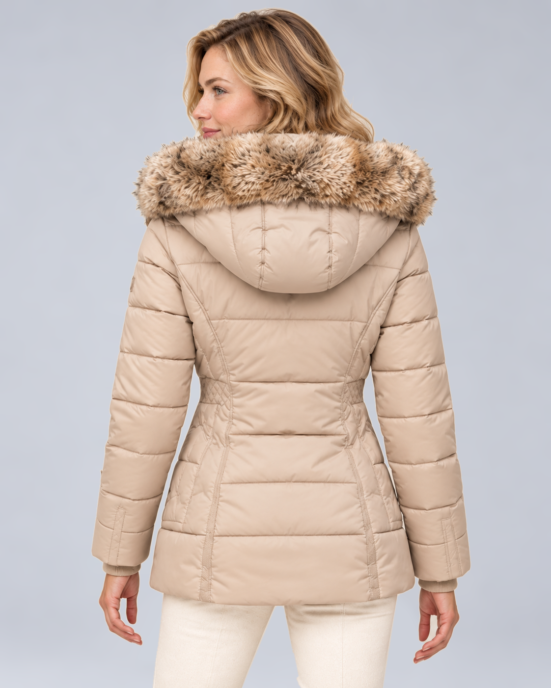 Women's Quilted Puffer Jacket with Faux Fur Hood in Beige - rear view