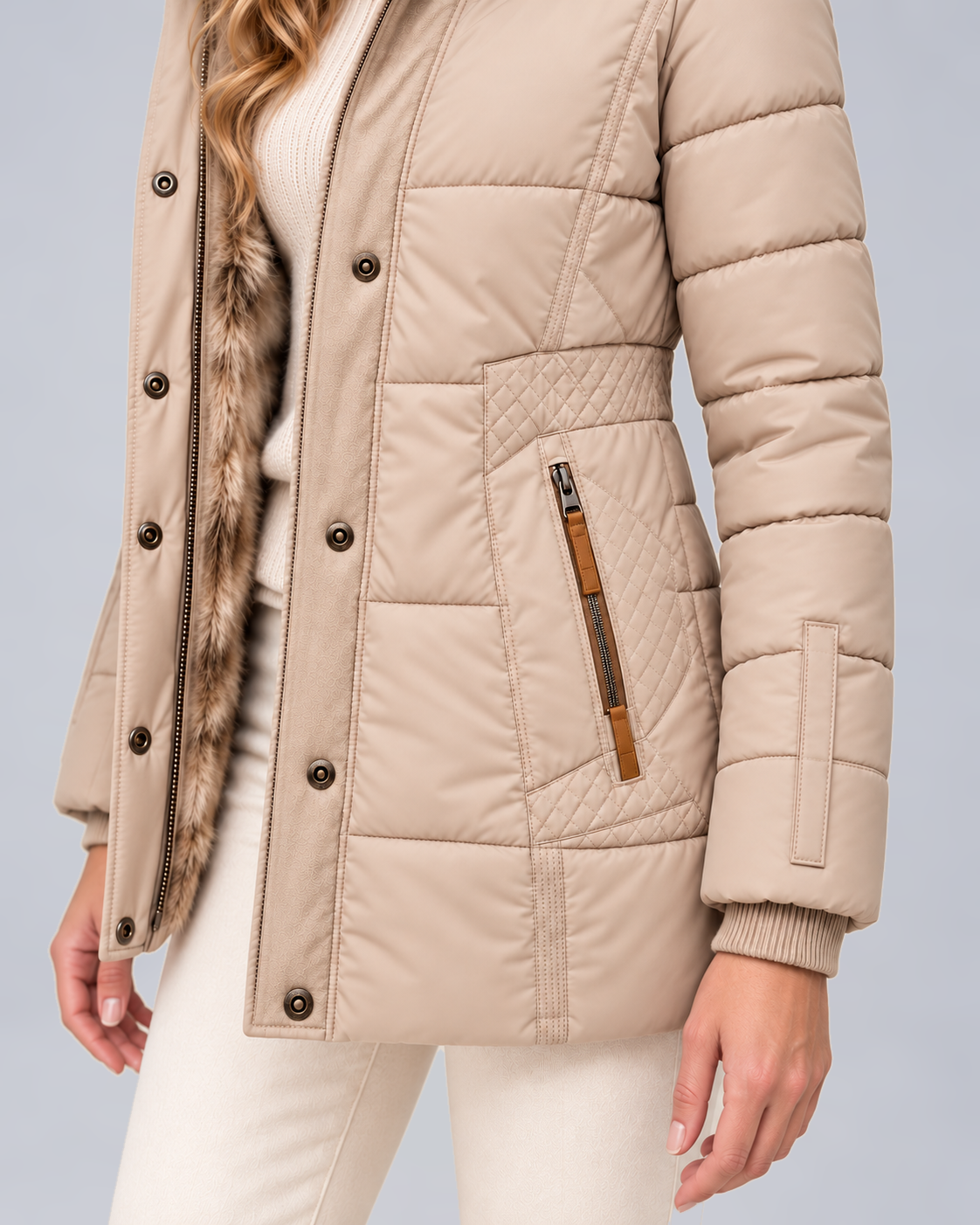 Women's Quilted Puffer Jacket with Faux Fur Hood in Beige - pocket and cuff detail