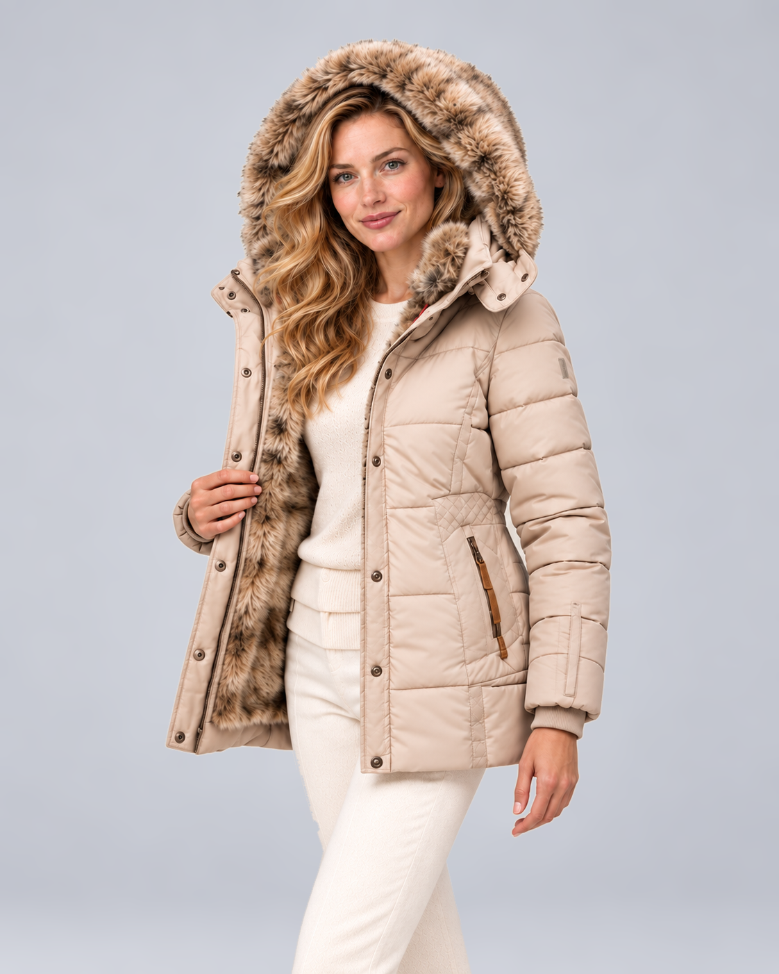 Women's Quilted Puffer Jacket with Faux Fur Hood in Beige - hood-up three-quarter view