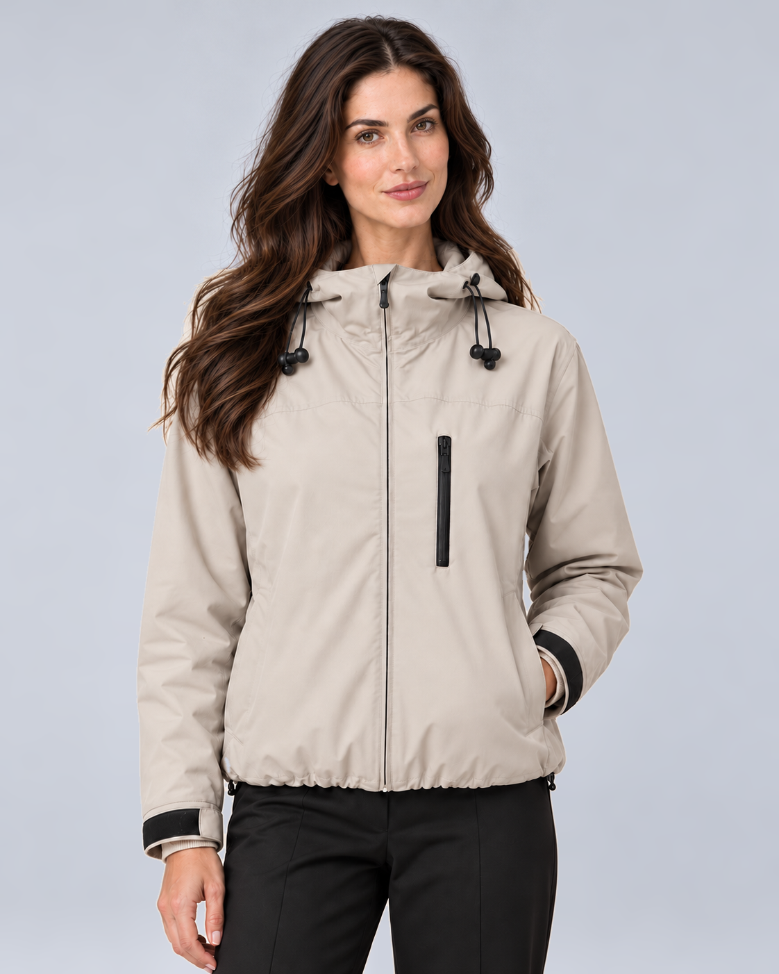 Women's Hooded Cropped Rain Jacket with Zip Front in Beige