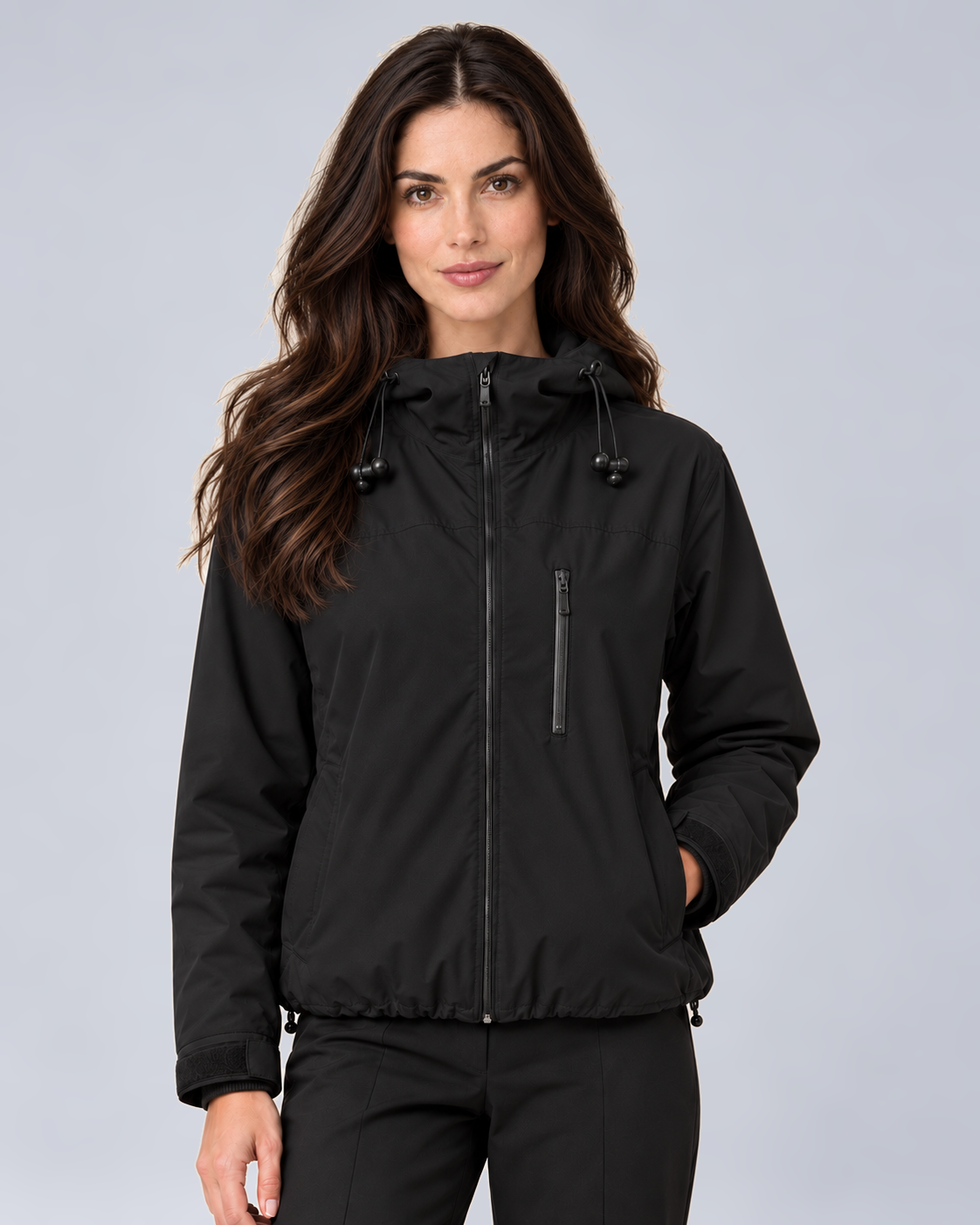 Women's Hooded Cropped Rain Jacket with Zip Front in Black