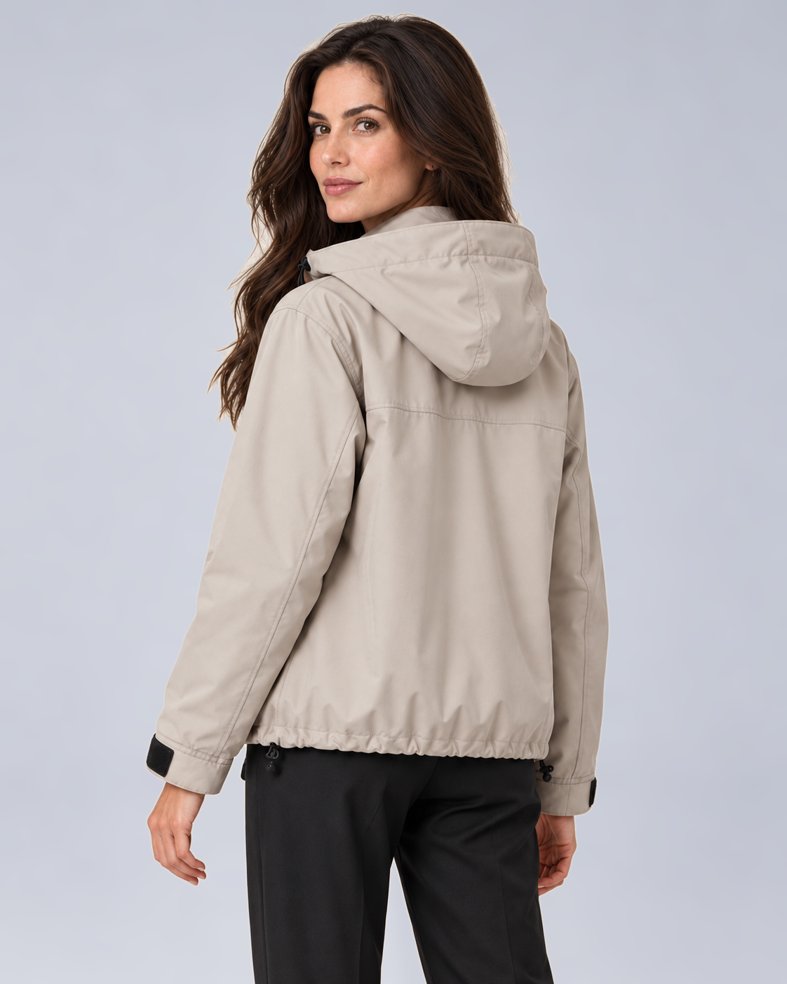Women's Hooded Cropped Rain Jacket with Zip Front in Beige - rear view
