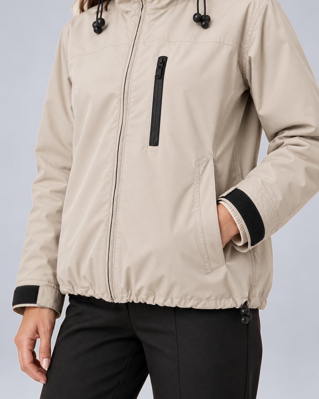 Women's Hooded Cropped Rain Jacket with Zip Front in Beige - pocket, cuff and hem detail