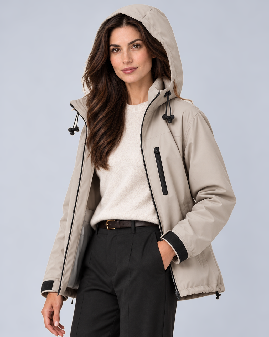 Women's Hooded Cropped Rain Jacket with Zip Front in Beige - open jacket with hood up