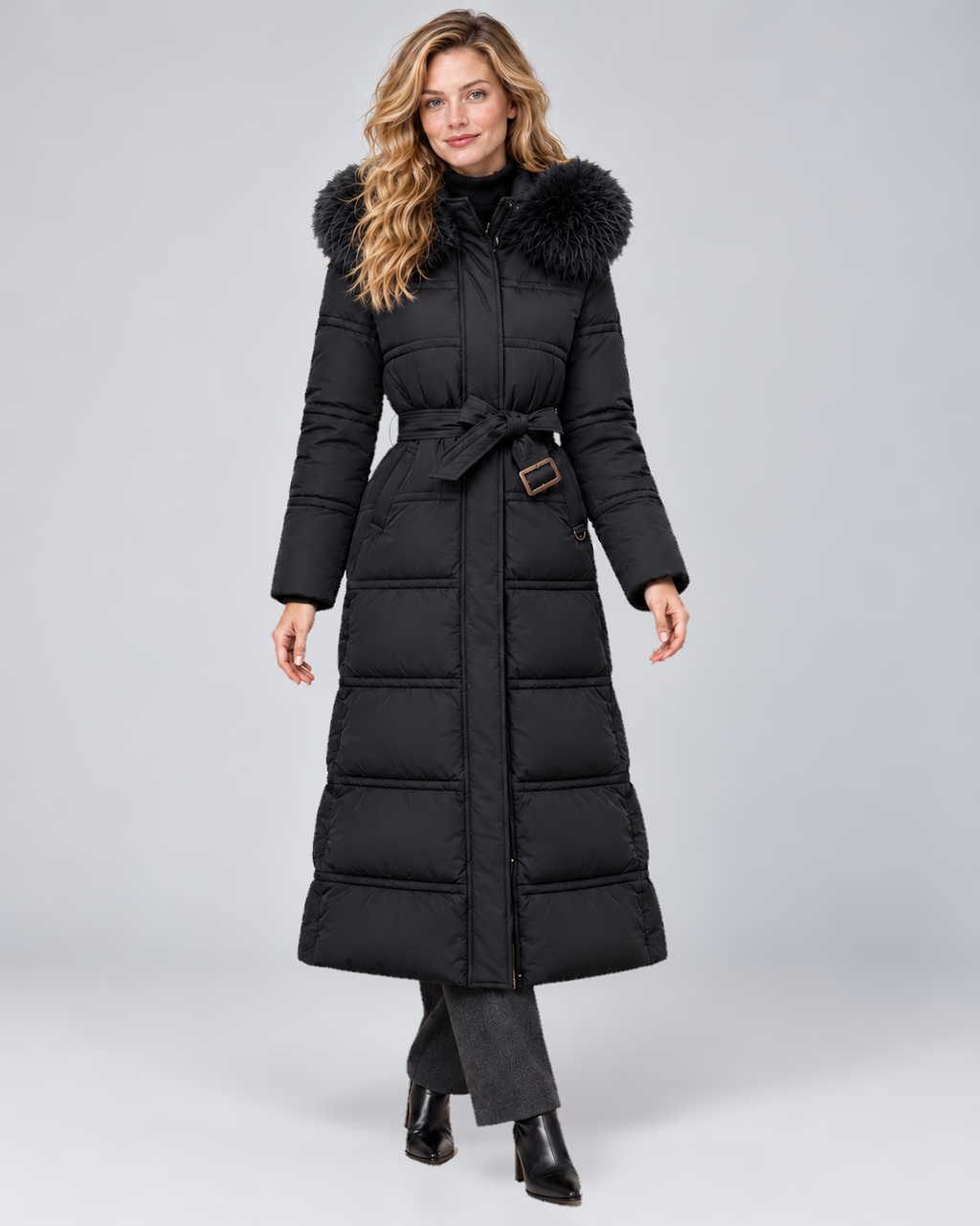 Women's Belted Long Puffer Coat with Faux Fur Hood in Black-Black