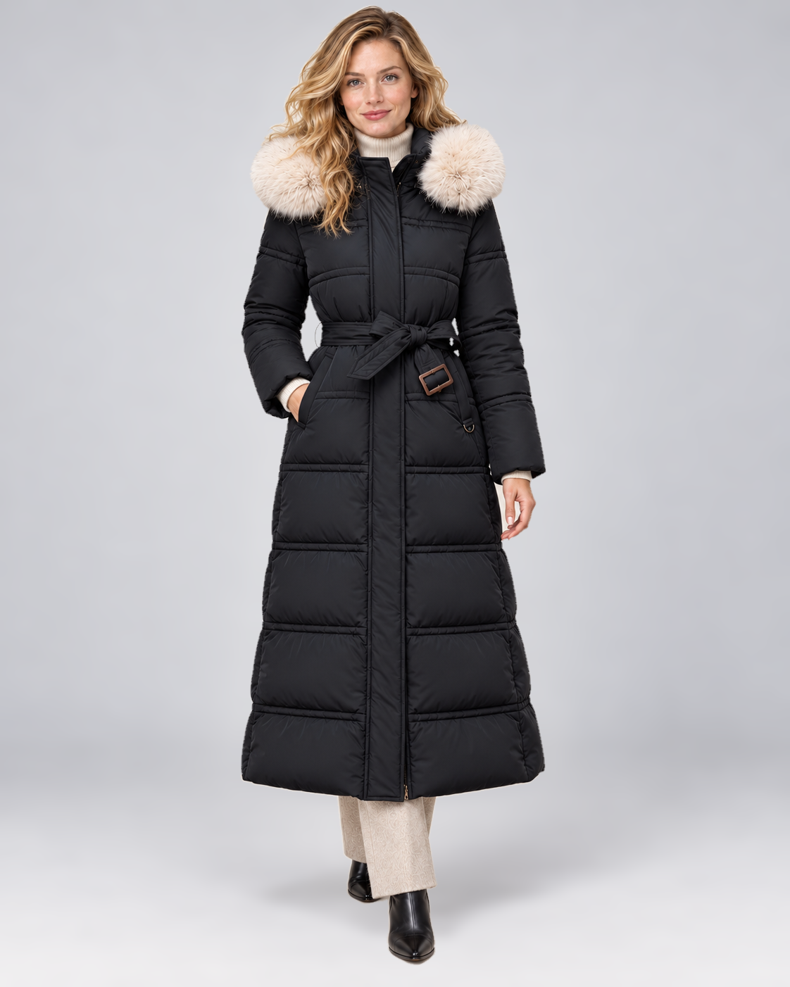 Women's Belted Long Puffer Coat with Faux Fur Hood in Black-White