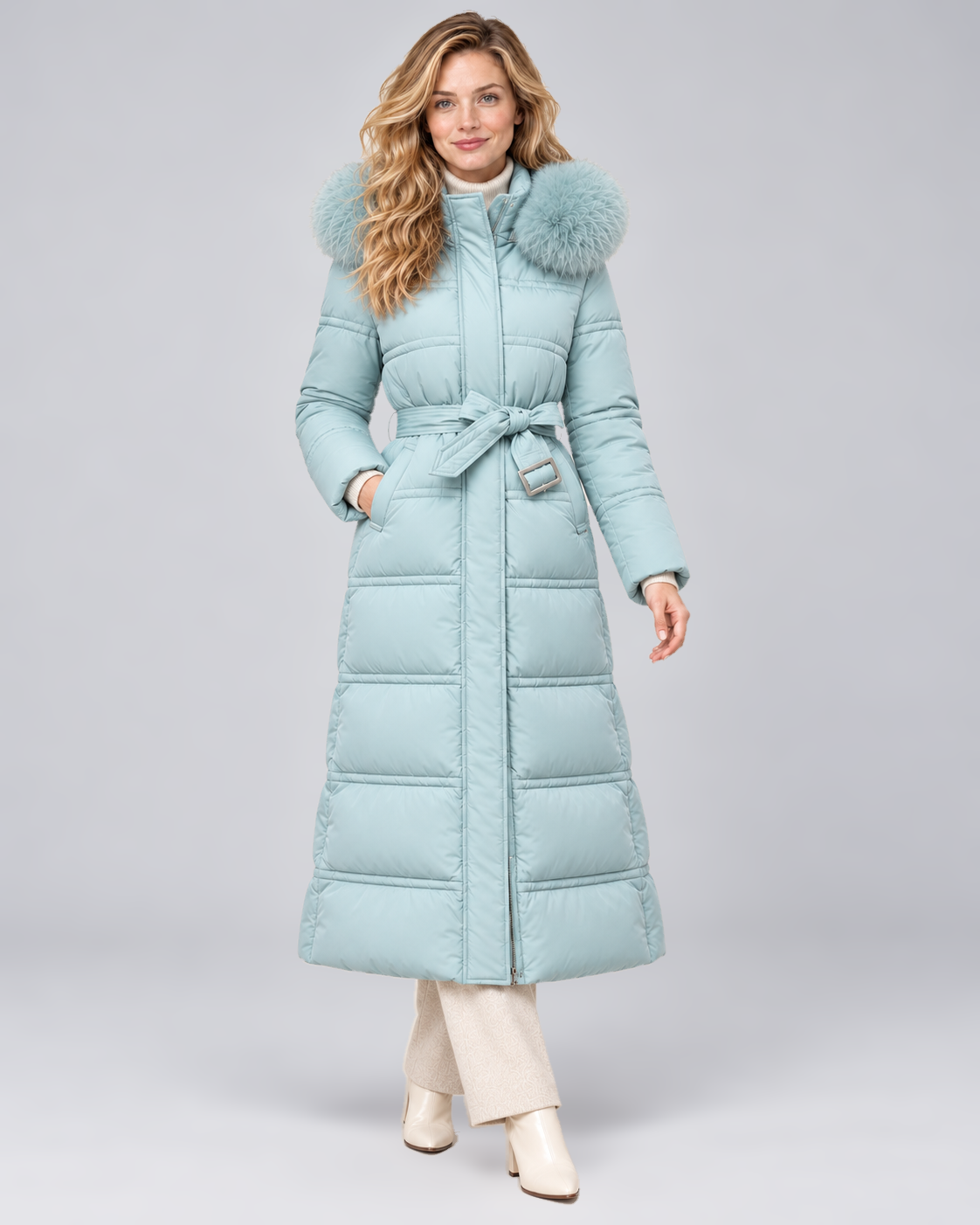 Women's Belted Long Puffer Coat with Faux Fur Hood in Blue-Blue