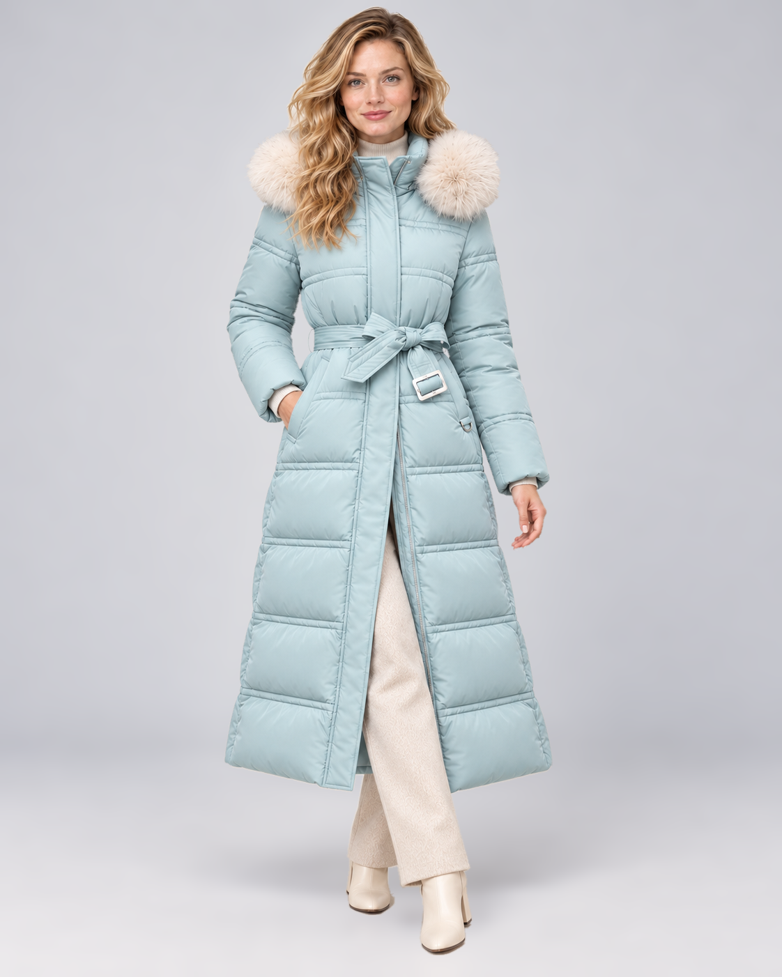 Women's Belted Long Puffer Coat with Faux Fur Hood in Blue-White