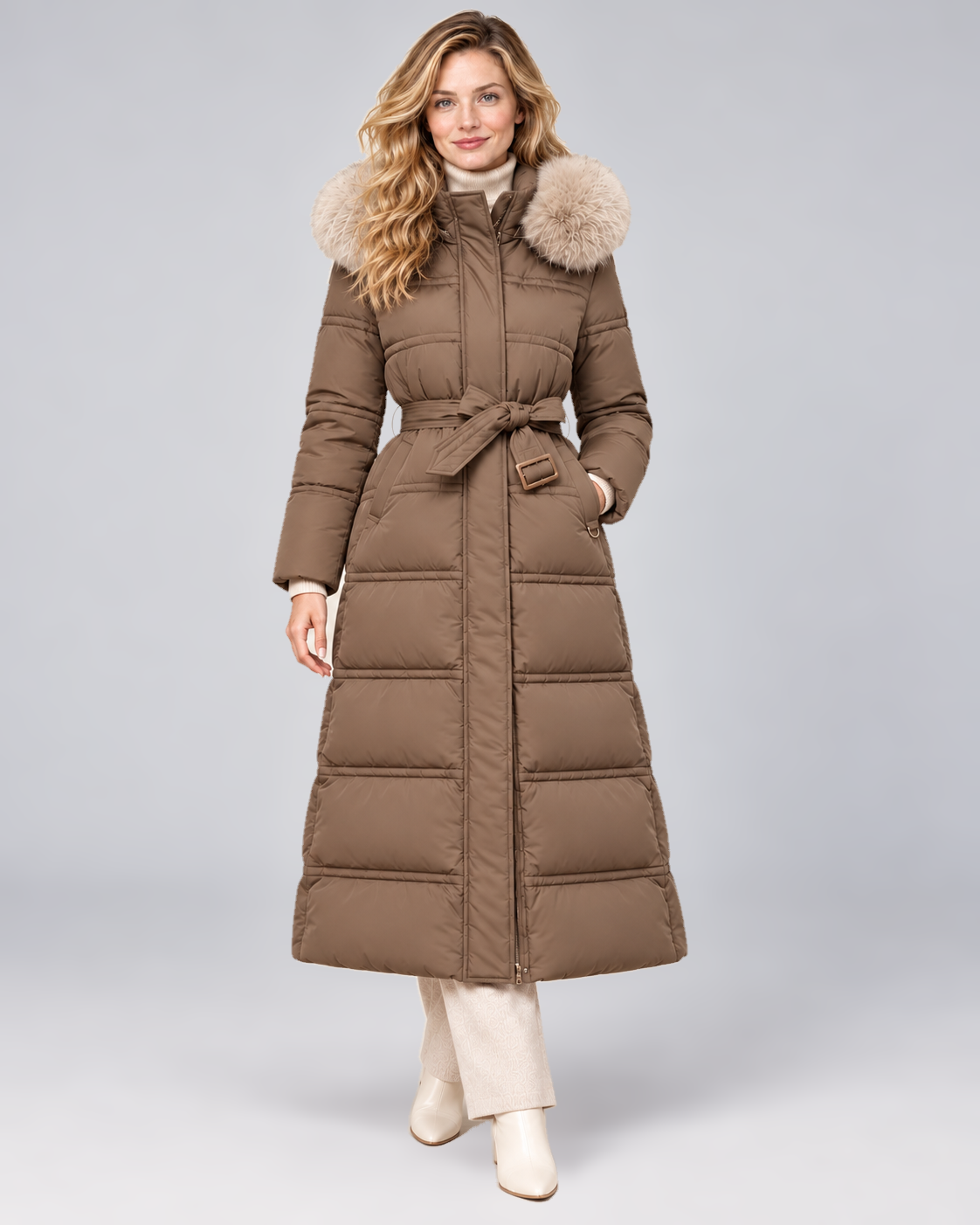Women's Belted Long Puffer Coat with Faux Fur Hood in Brown-Beige