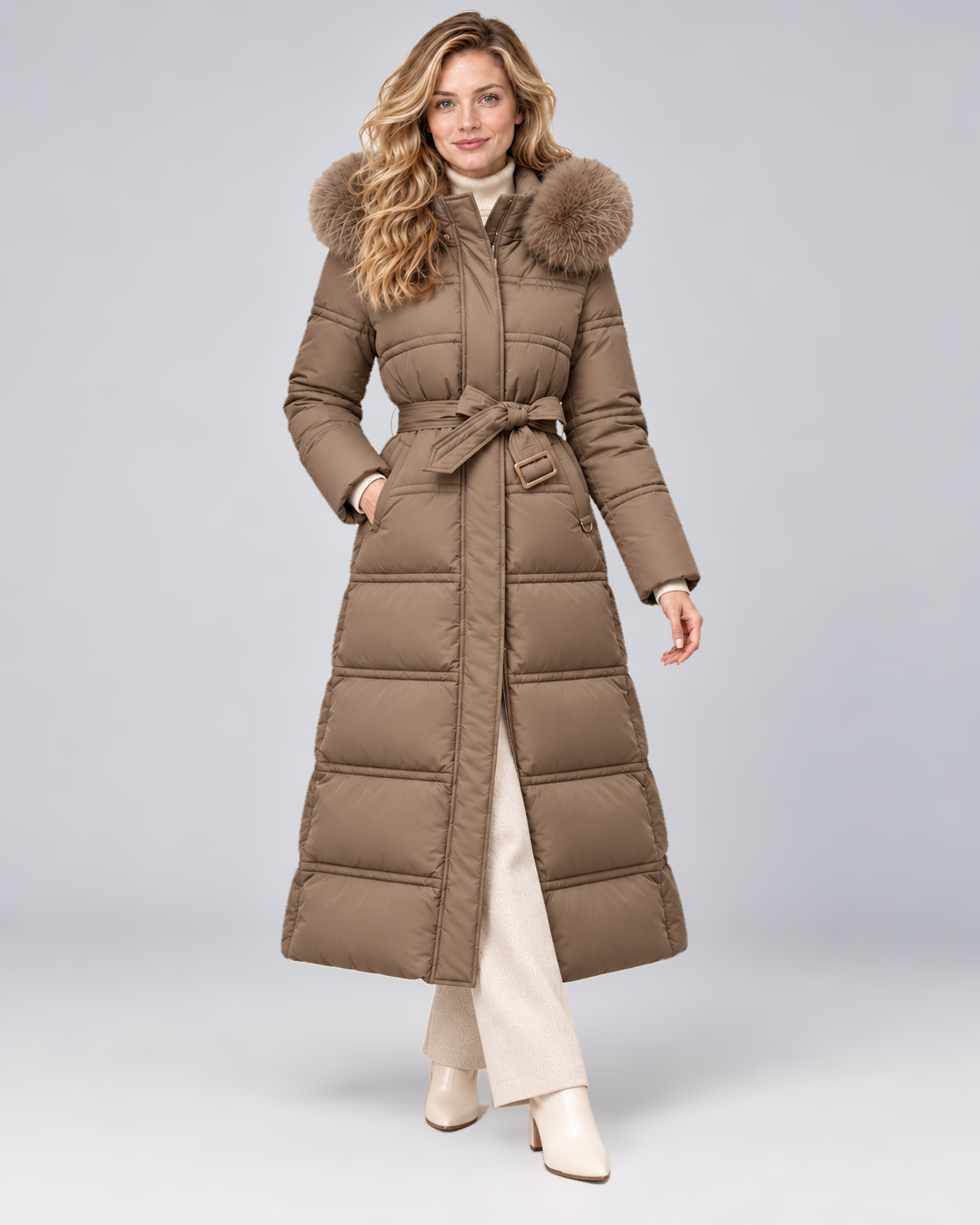 Women's Belted Long Puffer Coat with Faux Fur Hood in Brown-Brown