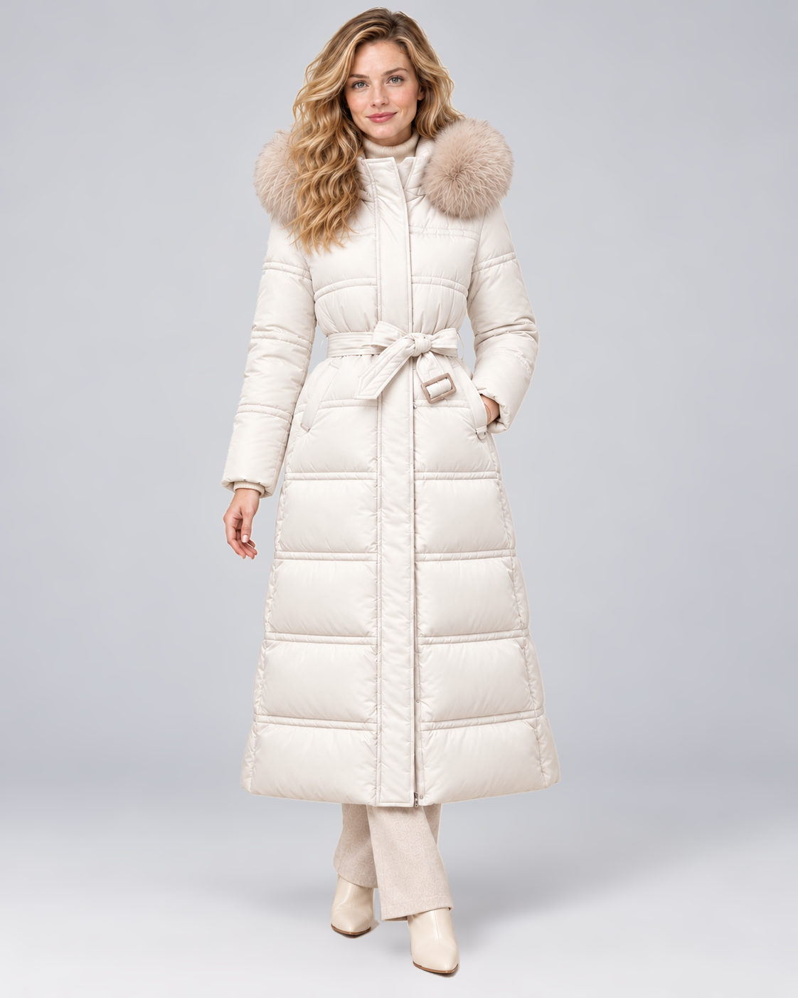 Women's Belted Long Puffer Coat with Faux Fur Hood in White-Beige