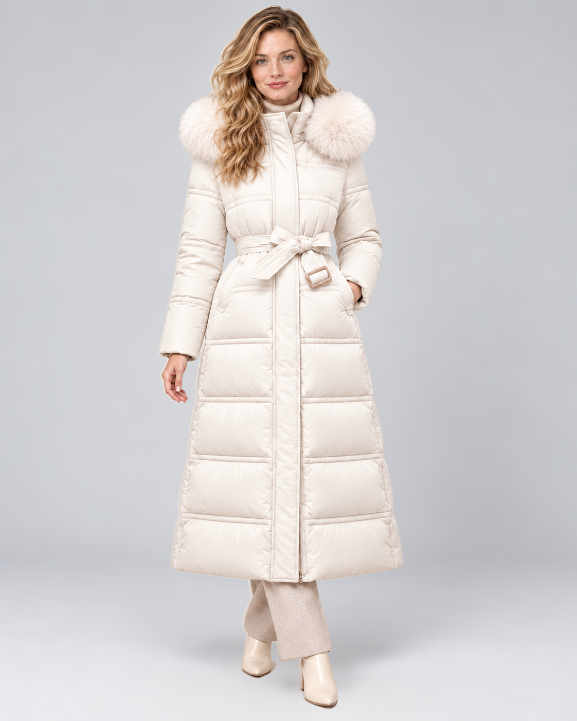 Women's Belted Long Puffer Coat with Faux Fur Hood in White-White