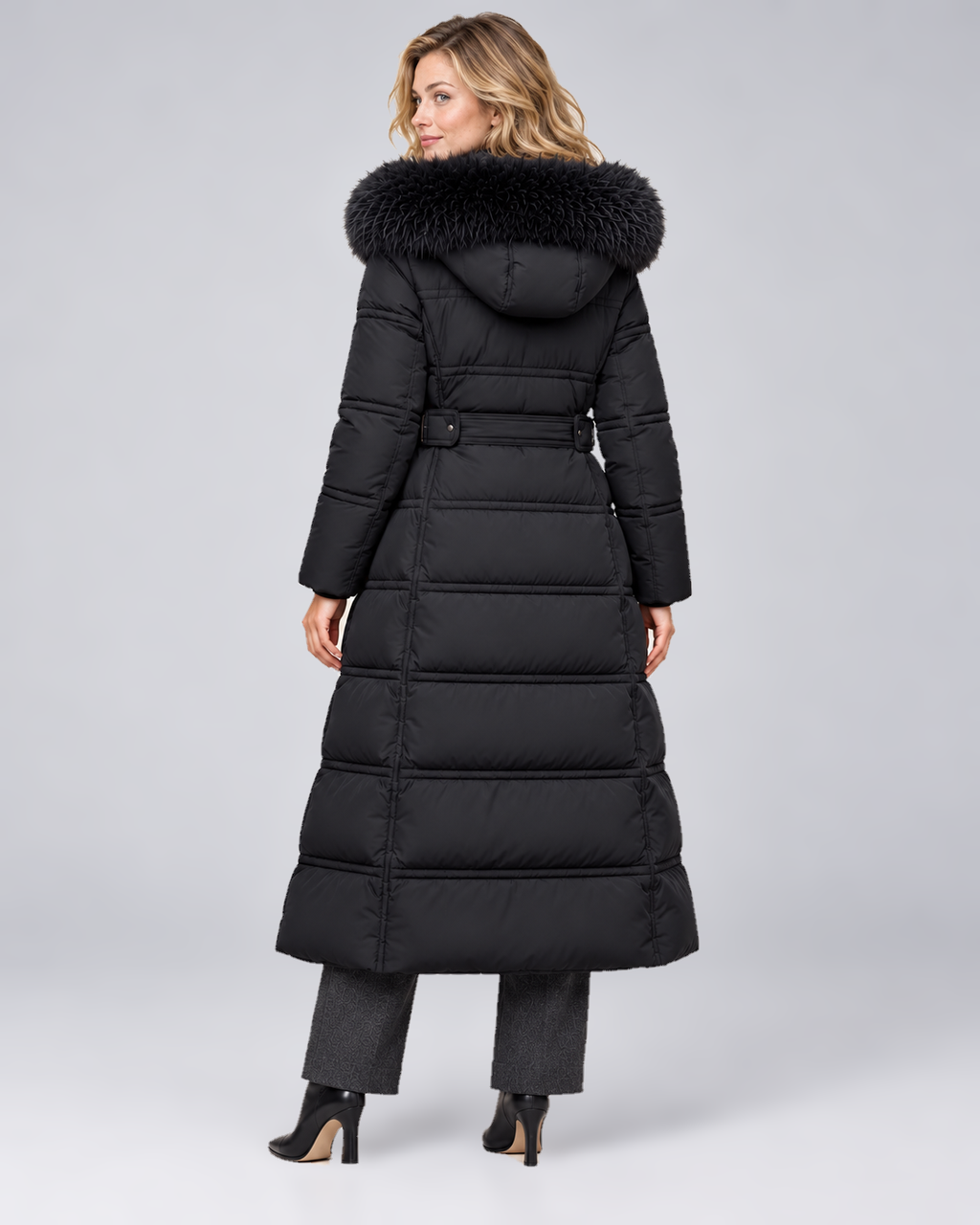 Women's Belted Long Puffer Coat with Faux Fur Hood in Black-Black - rear view