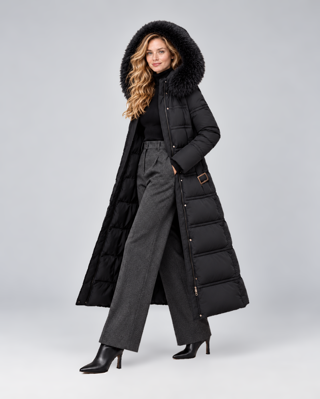 Women's Belted Long Puffer Coat with Faux Fur Hood in Black-Black - open hood-up three-quarter view